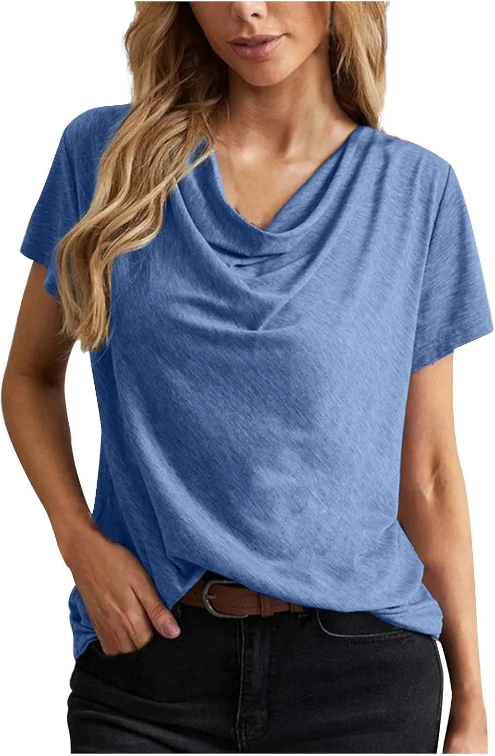Cowl Neck Short Sleeve Tops for Women Dressy Casual Business Shirts Business Work Office Tshirts Regular fit Cute Tees