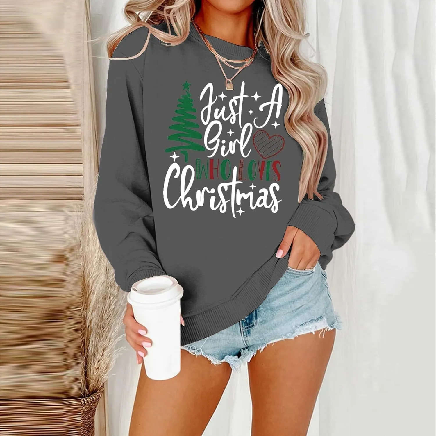 Crewneck Sweatshirt for Women Christmas Cute Graphic Loose Long Sleeve Pullovers Winter Daily Fashion Active Blouse