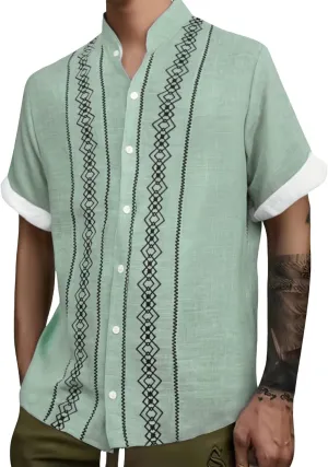 Cuban Shirts for Men Guayabera Vintage Printed Band Collar Hawaiian T-Shirts Summer Button Down Short Sleeve Tops