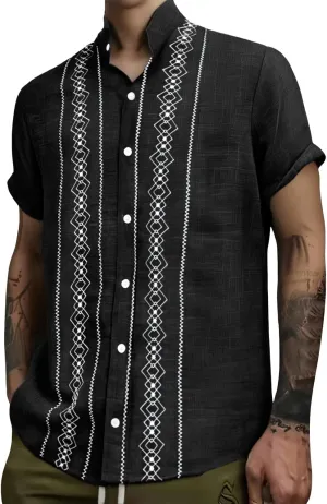 Cuban Shirts for Men Guayabera Vintage Printed Band Collar Hawaiian T-Shirts Summer Button Down Short Sleeve Tops