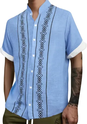 Cuban Shirts for Men Guayabera Vintage Printed Band Collar Hawaiian T-Shirts Summer Button Down Short Sleeve Tops