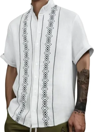 Cuban Shirts for Men Guayabera Vintage Printed Band Collar Hawaiian T-Shirts Summer Button Down Short Sleeve Tops