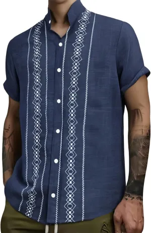 Cuban Shirts for Men Guayabera Vintage Printed Band Collar Hawaiian T-Shirts Summer Button Down Short Sleeve Tops