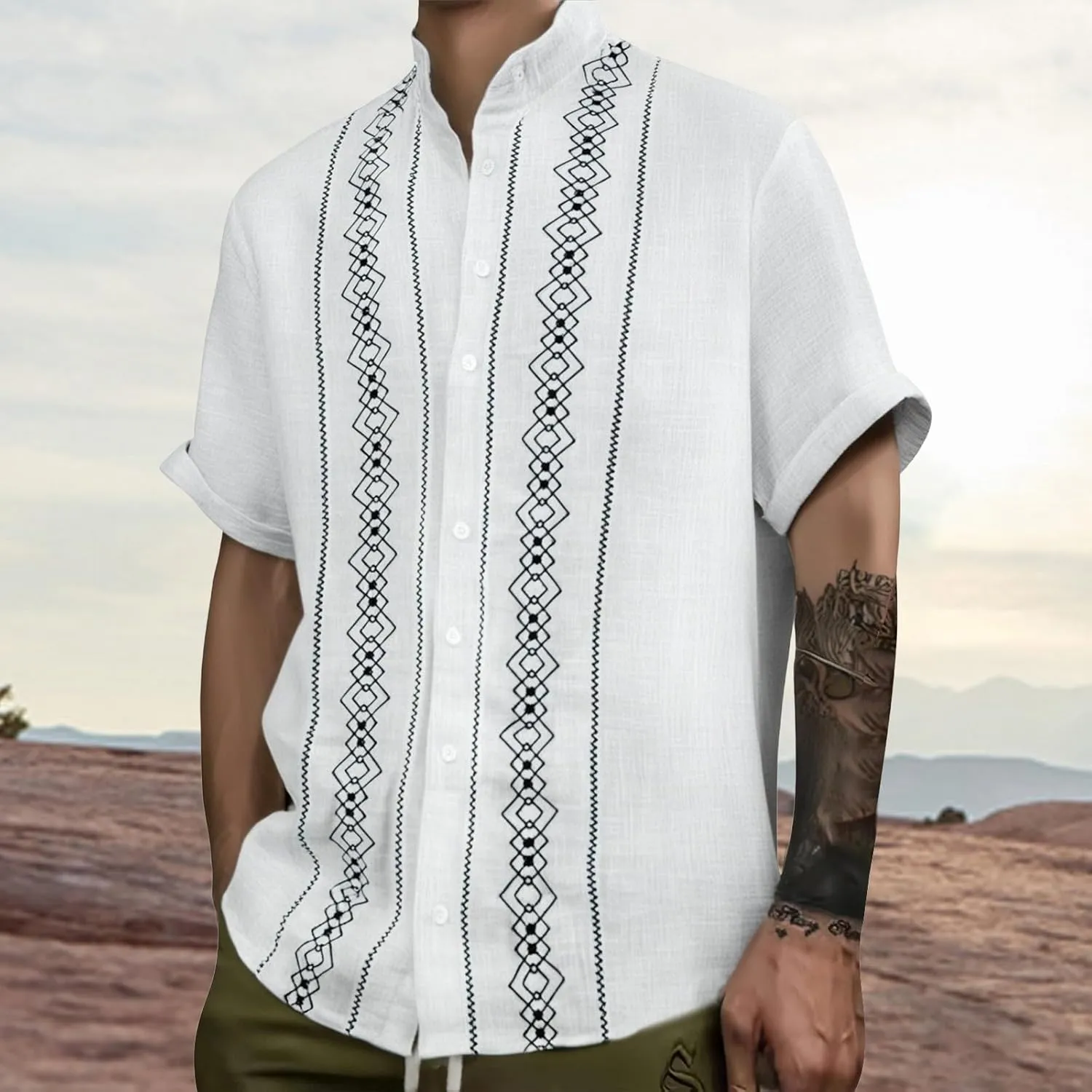 Cuban Shirts for Men Guayabera Vintage Printed Band Collar Hawaiian T-Shirts Summer Button Down Short Sleeve Tops