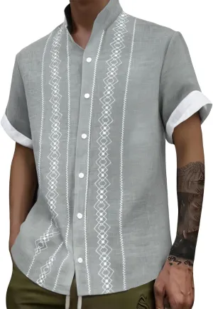 Cuban Shirts for Men Guayabera Vintage Printed Band Collar Hawaiian T-Shirts Summer Button Down Short Sleeve Tops