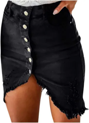 Distressed Denim Mini Skirt for Women Button-Fly Front Split Sexy Bodycon Skirts Solid High Waist Pencil Skirt