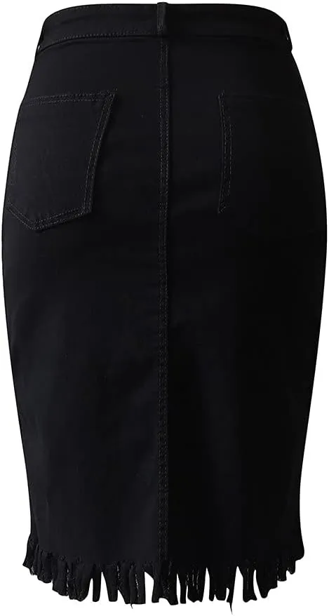 Distressed Denim Mini Skirt for Women Button-Fly Front Split Sexy Bodycon Skirts Solid High Waist Pencil Skirt