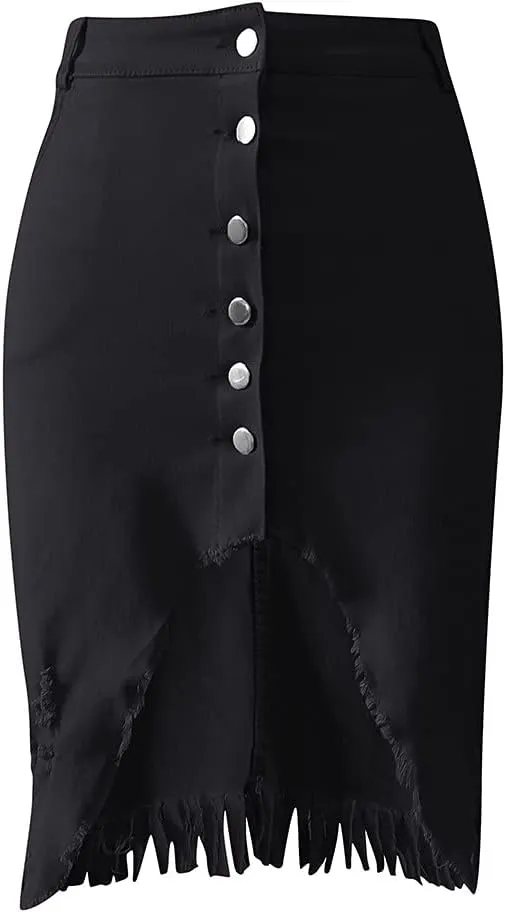 Distressed Denim Mini Skirt for Women Button-Fly Front Split Sexy Bodycon Skirts Solid High Waist Pencil Skirt