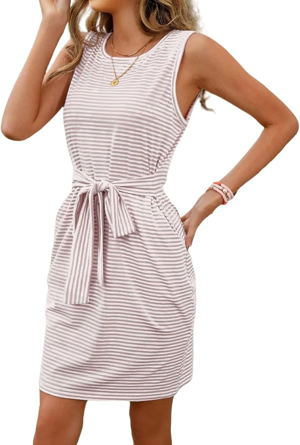 Dresses for Women Summer 2025 Striped Sleeveless Tank Tees Crew Neck Tie Waist Drawstring Mini Dress Vacation Pocket