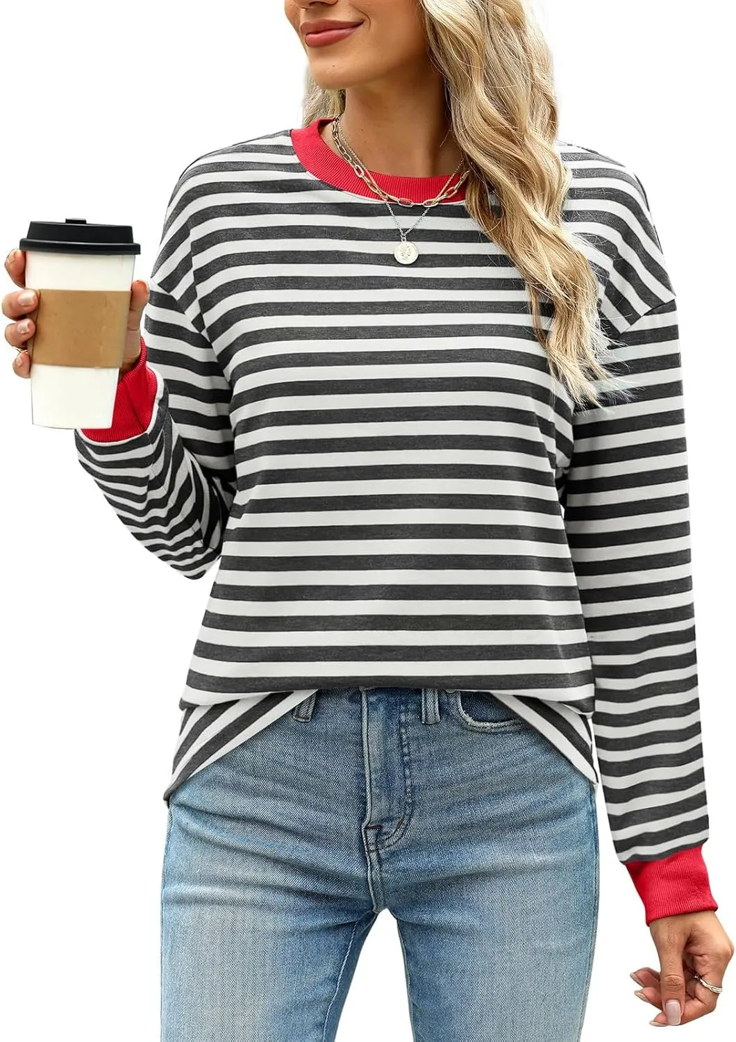 Dressy Striped Tops for Women Round Neck Long Sleeve Drop Shoulder Loose Comfy Tuncis Daily Fashion Work Sweatshirts