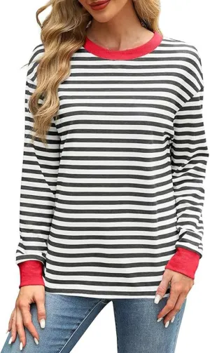 Dressy Striped Tops for Women Round Neck Long Sleeve Drop Shoulder Loose Comfy Tuncis Daily Fashion Work Sweatshirts