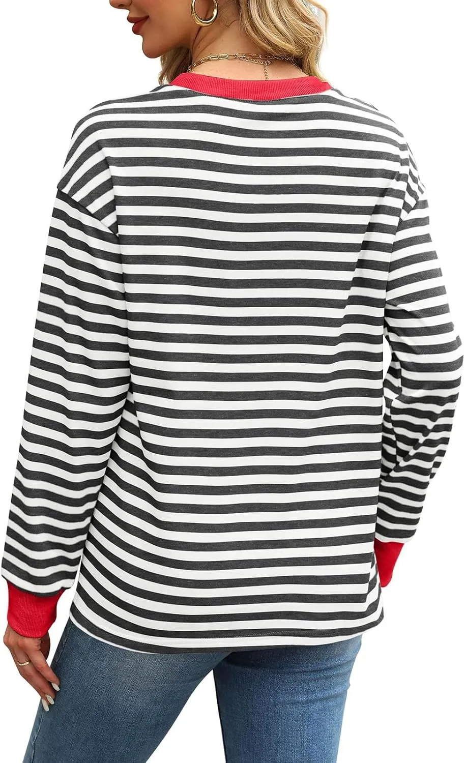 Dressy Striped Tops for Women Round Neck Long Sleeve Drop Shoulder Loose Comfy Tuncis Daily Fashion Work Sweatshirts