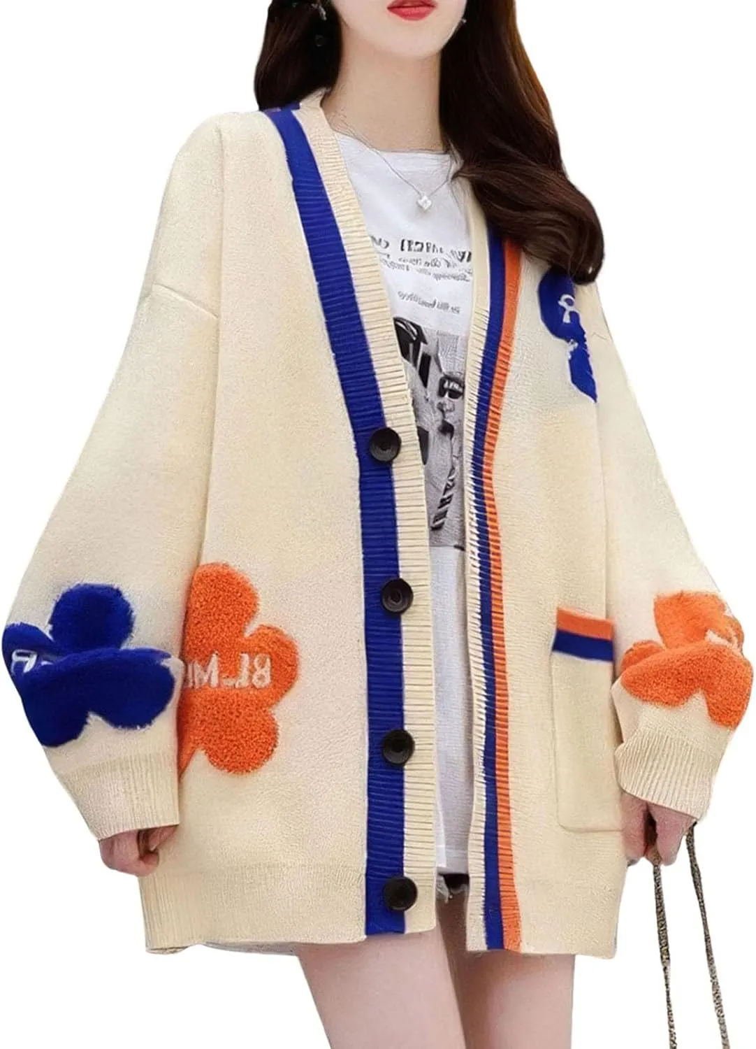 ebossy Women's Cute Daisy Floral Embroidery Cable Knit Cardigan Slouchy Button Down Jacquard Sweater