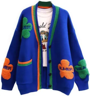 ebossy Women's Cute Daisy Floral Embroidery Cable Knit Cardigan Slouchy Button Down Jacquard Sweater