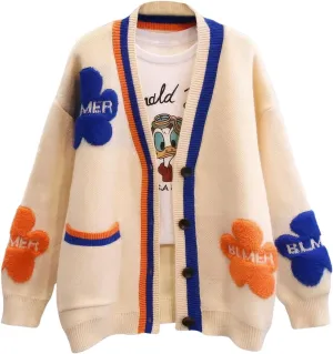 ebossy Women's Cute Daisy Floral Embroidery Cable Knit Cardigan Slouchy Button Down Jacquard Sweater