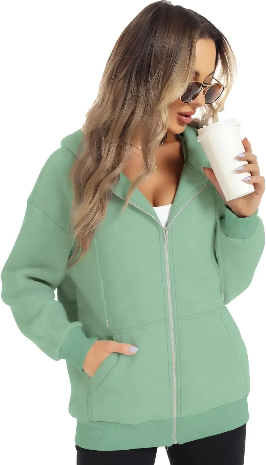 FANCYINN Womens Zip Up Hoodies Long Sleeve Oversized Sweatshirts Casual Drawstring Fall Fleece Jacket with Pockets