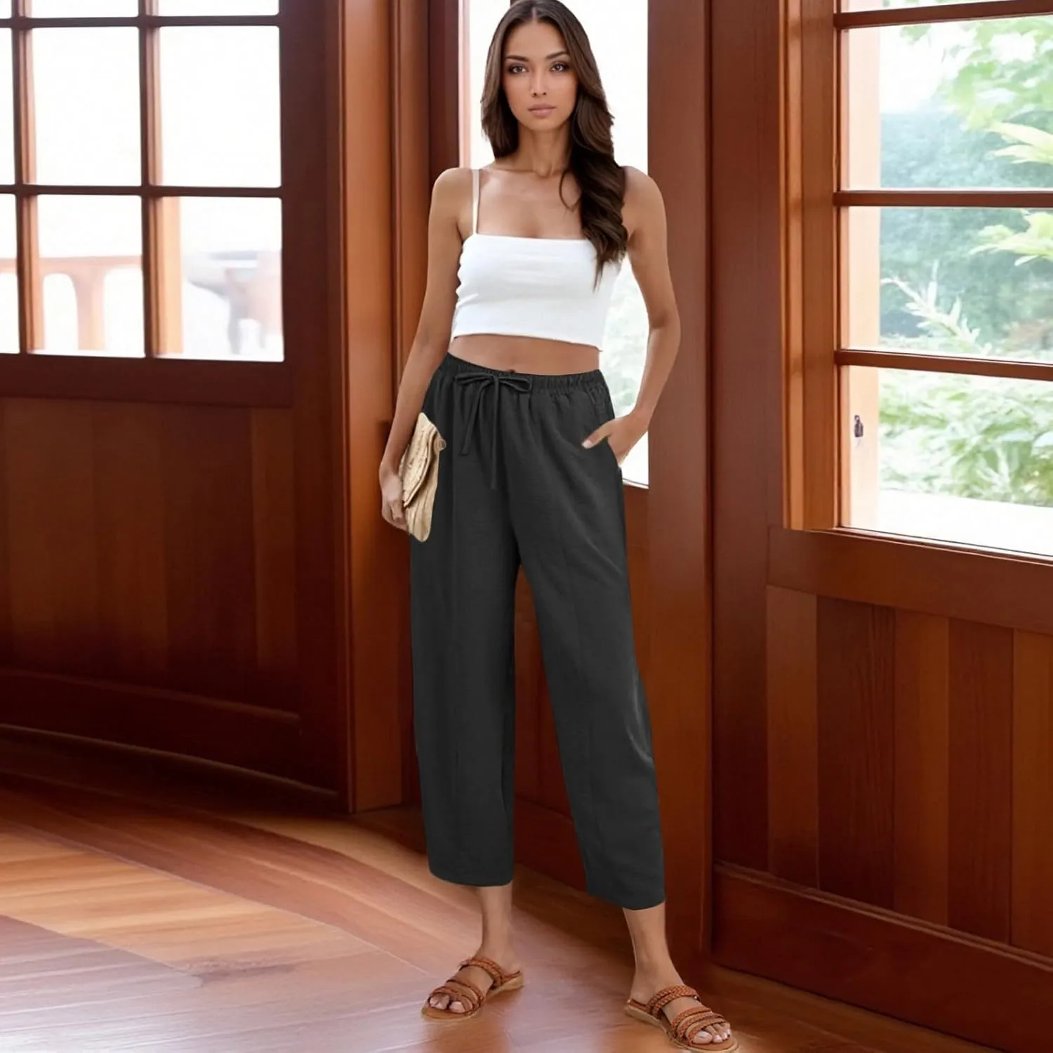 fanmpghleoo Linen Harem Pants Women with Pockets Drawstring Wide Leg Pirate Pants High Waisted Capri Joggers with Pockets