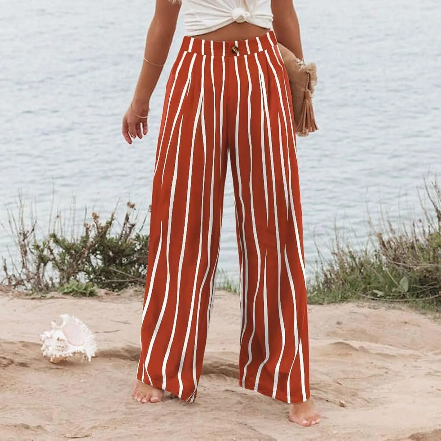 fanmpghleoo Striped Linen Pants Women Dressy Boho Linen Palazzo Pants Casual Business High Waisted Linen Trousers Pants 2025