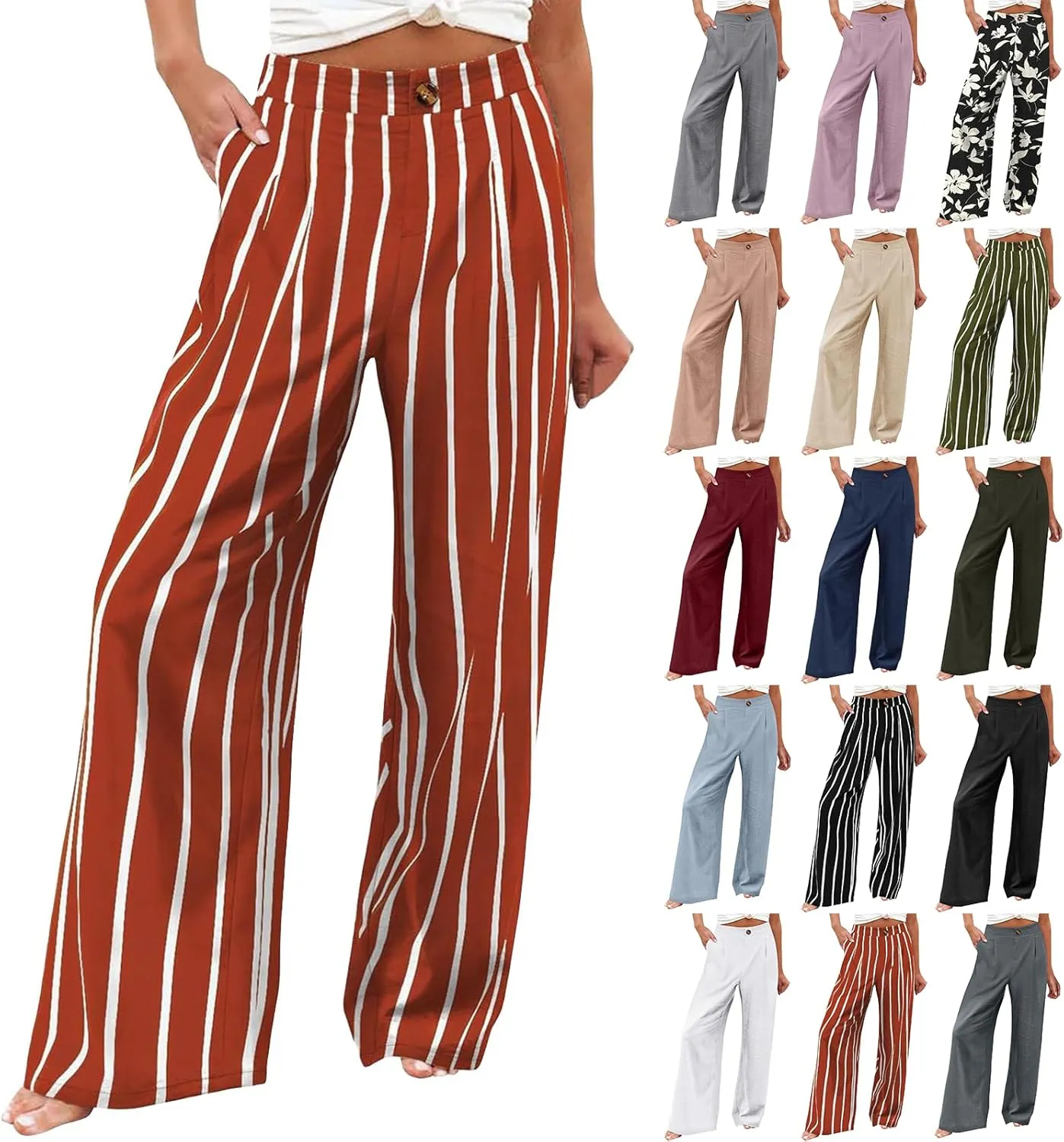 fanmpghleoo Striped Linen Pants Women Dressy Boho Linen Palazzo Pants Casual Business High Waisted Linen Trousers Pants 2025