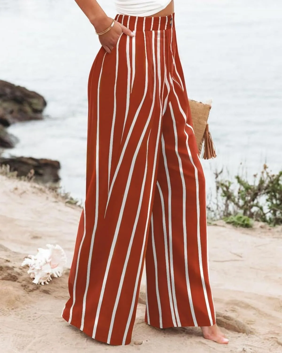 fanmpghleoo Striped Linen Pants Women Dressy Boho Linen Palazzo Pants Casual Business High Waisted Linen Trousers Pants 2025