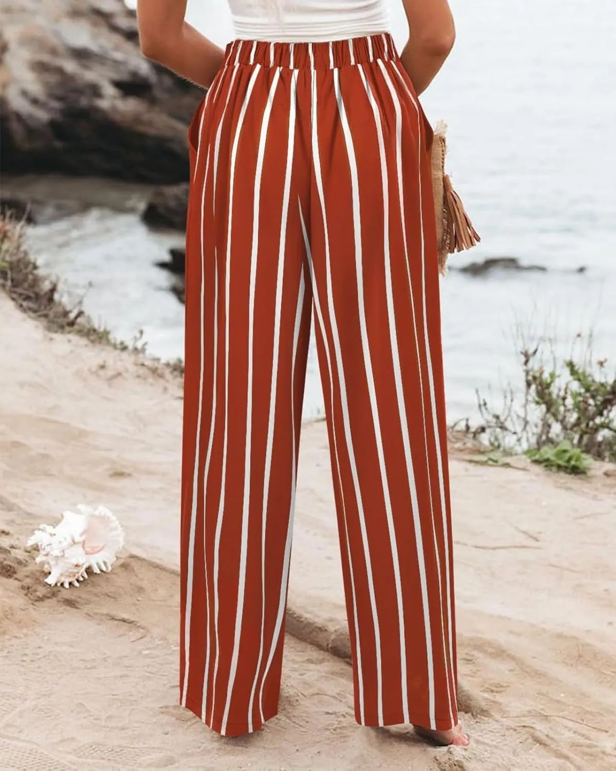fanmpghleoo Striped Linen Pants Women Dressy Boho Linen Palazzo Pants Casual Business High Waisted Linen Trousers Pants 2025