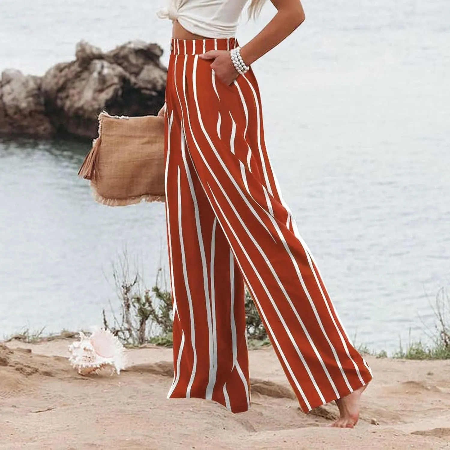 fanmpghleoo Striped Linen Pants Women Dressy Boho Linen Palazzo Pants Casual Business High Waisted Linen Trousers Pants 2025