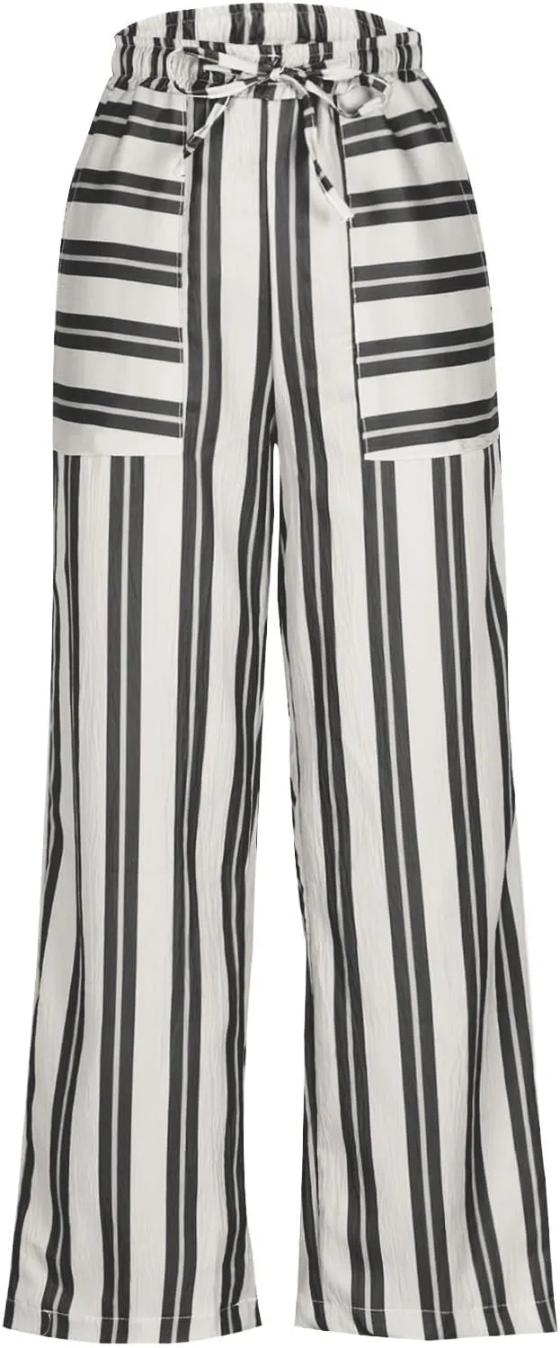 fanmpghleoo Striped Linen Pants Women Summer Drawstring Wide Leg Palazzo Pants for Women Casual High Waisted Linen Trosuers