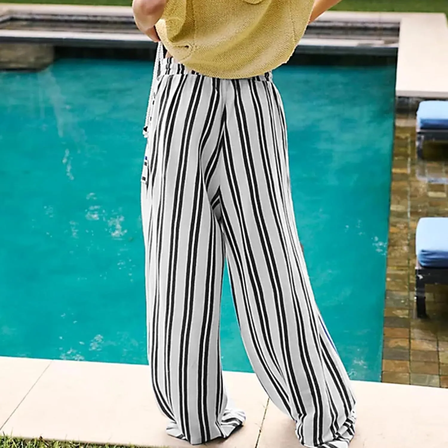 fanmpghleoo Striped Linen Pants Women Summer Drawstring Wide Leg Palazzo Pants for Women Casual High Waisted Linen Trosuers