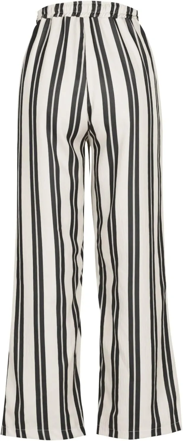 fanmpghleoo Striped Linen Pants Women Summer Drawstring Wide Leg Palazzo Pants for Women Casual High Waisted Linen Trosuers