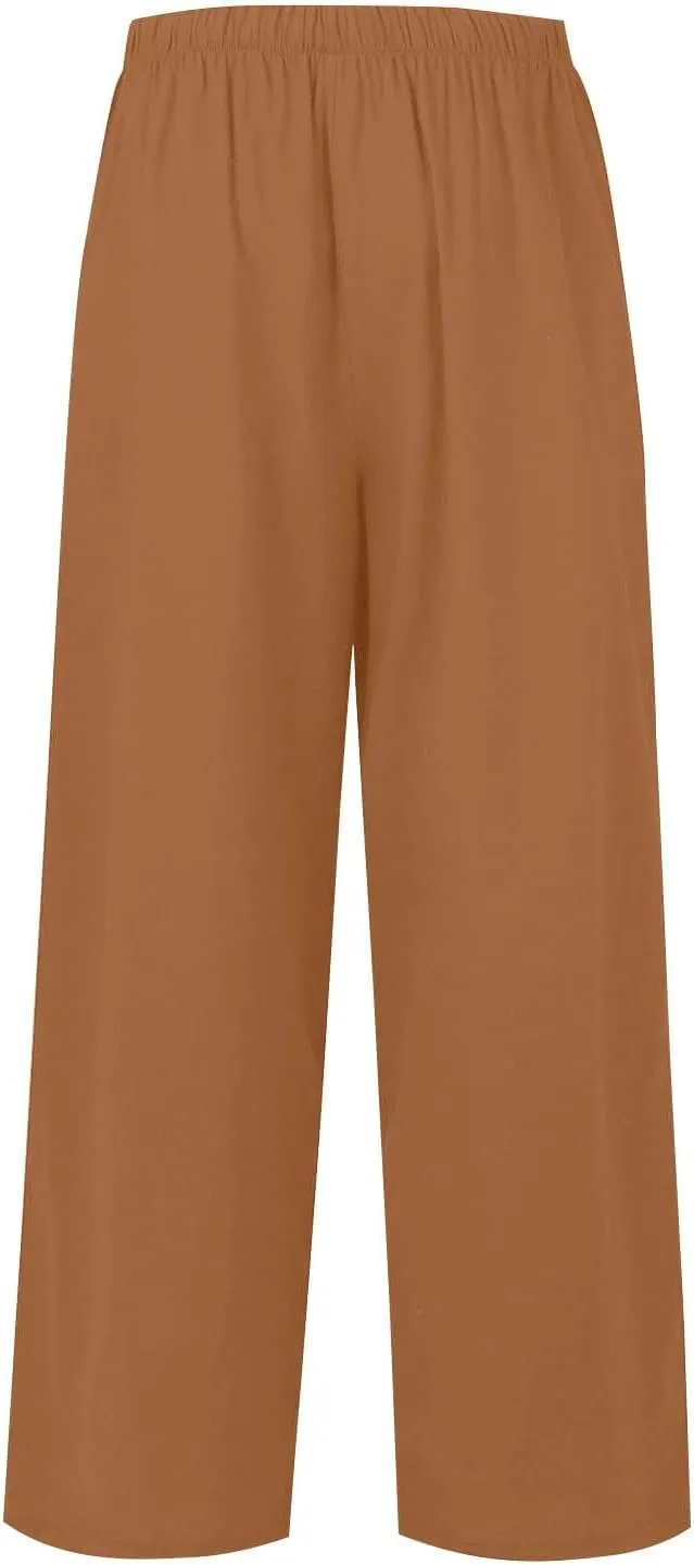 fanmpghleoo Wide Leg Linen Pants for Women Drawstring High Waisted Linen Palazzo Pants Flowy Comfy Lounge Pant with Pockets