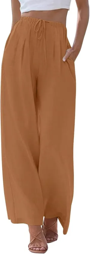 fanmpghleoo Wide Leg Linen Pants for Women Drawstring High Waisted Linen Palazzo Pants Flowy Comfy Lounge Pant with Pockets