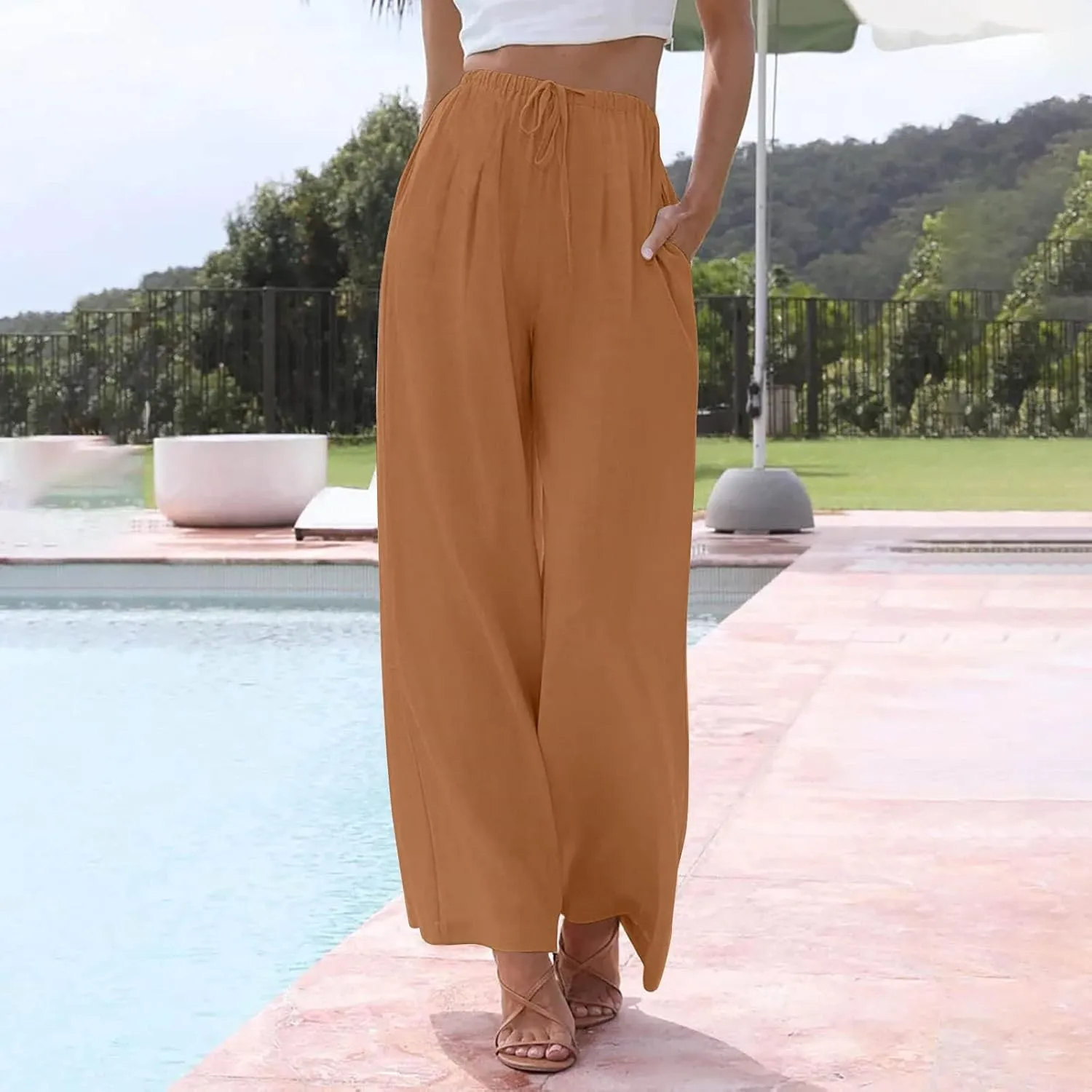 fanmpghleoo Wide Leg Linen Pants for Women Drawstring High Waisted Linen Palazzo Pants Flowy Comfy Lounge Pant with Pockets