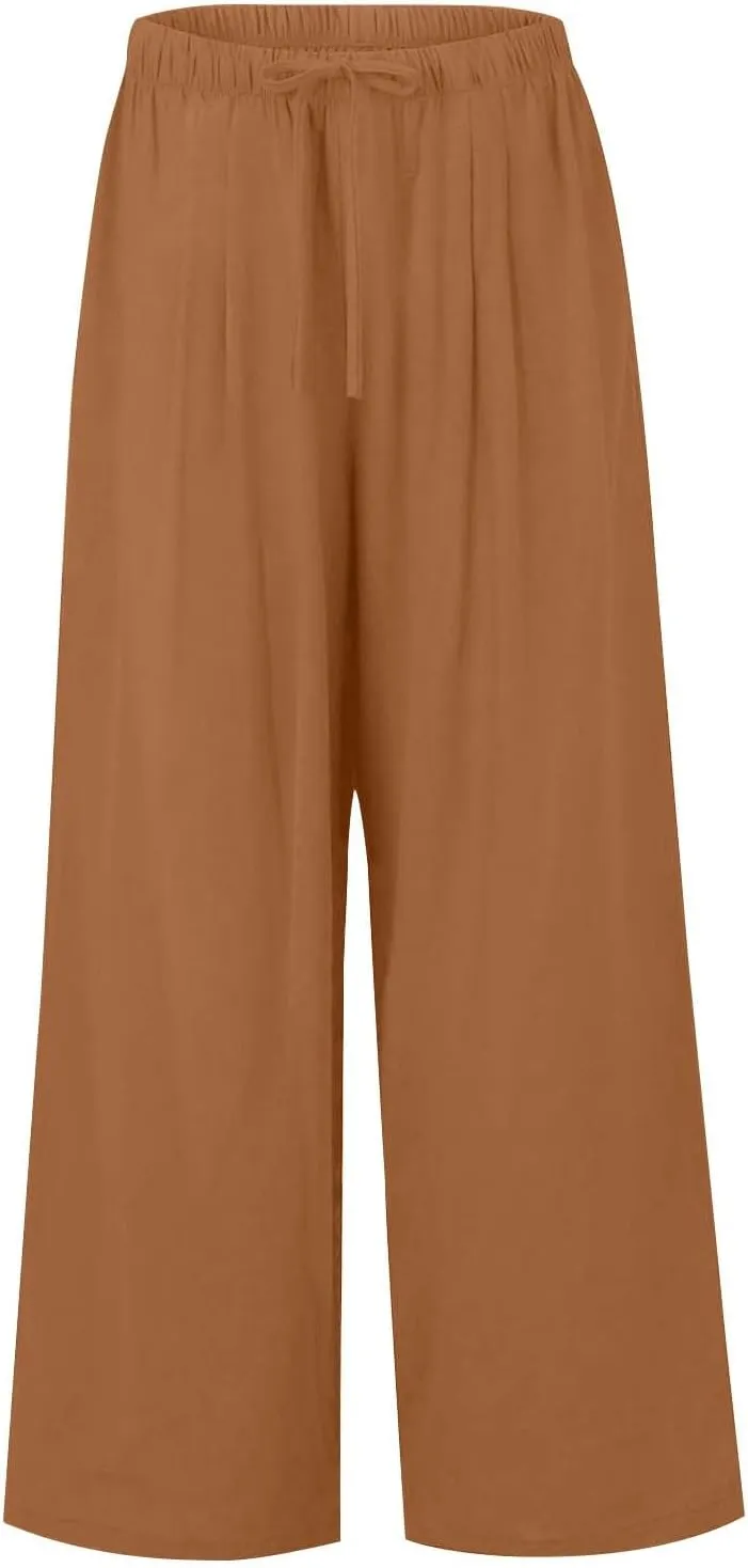 fanmpghleoo Wide Leg Linen Pants for Women Drawstring High Waisted Linen Palazzo Pants Flowy Comfy Lounge Pant with Pockets