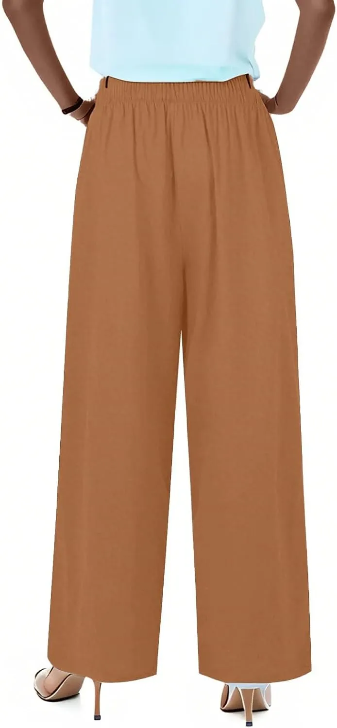 fanmpghleoo Wide Leg Linen Pants for Women Drawstring High Waisted Linen Palazzo Pants Flowy Comfy Lounge Pant with Pockets