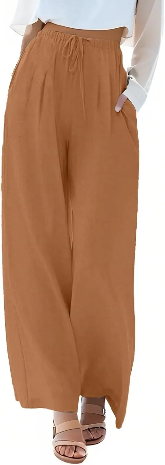 fanmpghleoo Wide Leg Linen Pants for Women Drawstring High Waisted Linen Palazzo Pants Flowy Comfy Lounge Pant with Pockets