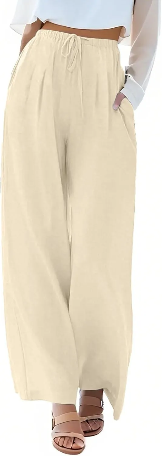 fanmpghleoo Wide Leg Linen Pants for Women Plus Size Palazzo Pants Casual Drawstring Flowy Beach Linen Trousers with Pockets