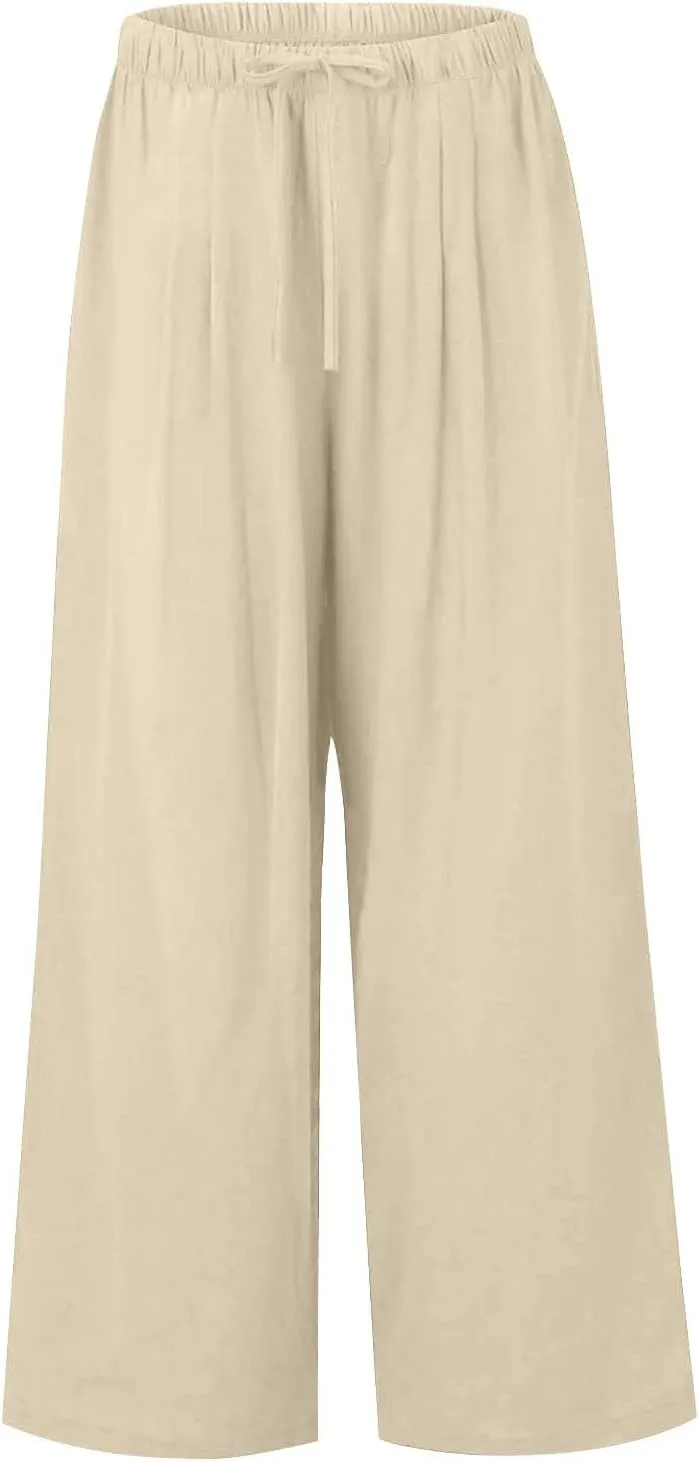 fanmpghleoo Wide Leg Linen Pants for Women Plus Size Palazzo Pants Casual Drawstring Flowy Beach Linen Trousers with Pockets