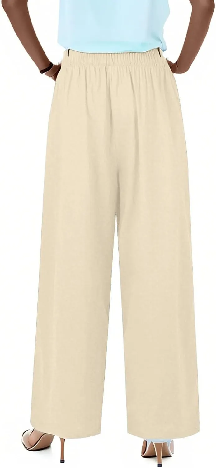 fanmpghleoo Wide Leg Linen Pants for Women Plus Size Palazzo Pants Casual Drawstring Flowy Beach Linen Trousers with Pockets