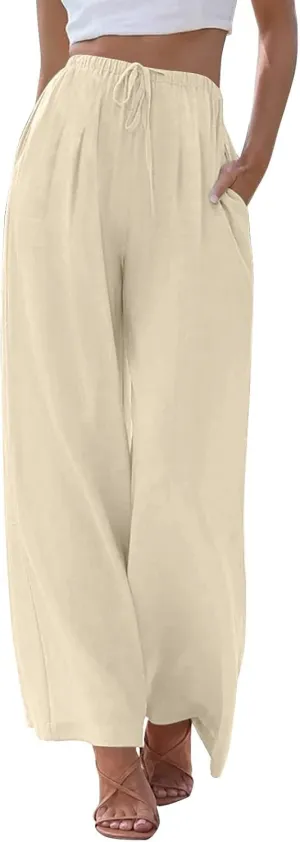 fanmpghleoo Wide Leg Linen Pants for Women Plus Size Palazzo Pants Casual Drawstring Flowy Beach Linen Trousers with Pockets