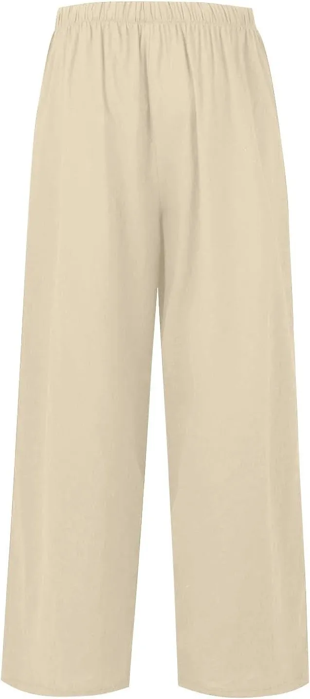 fanmpghleoo Wide Leg Linen Pants for Women Plus Size Palazzo Pants Casual Drawstring Flowy Beach Linen Trousers with Pockets