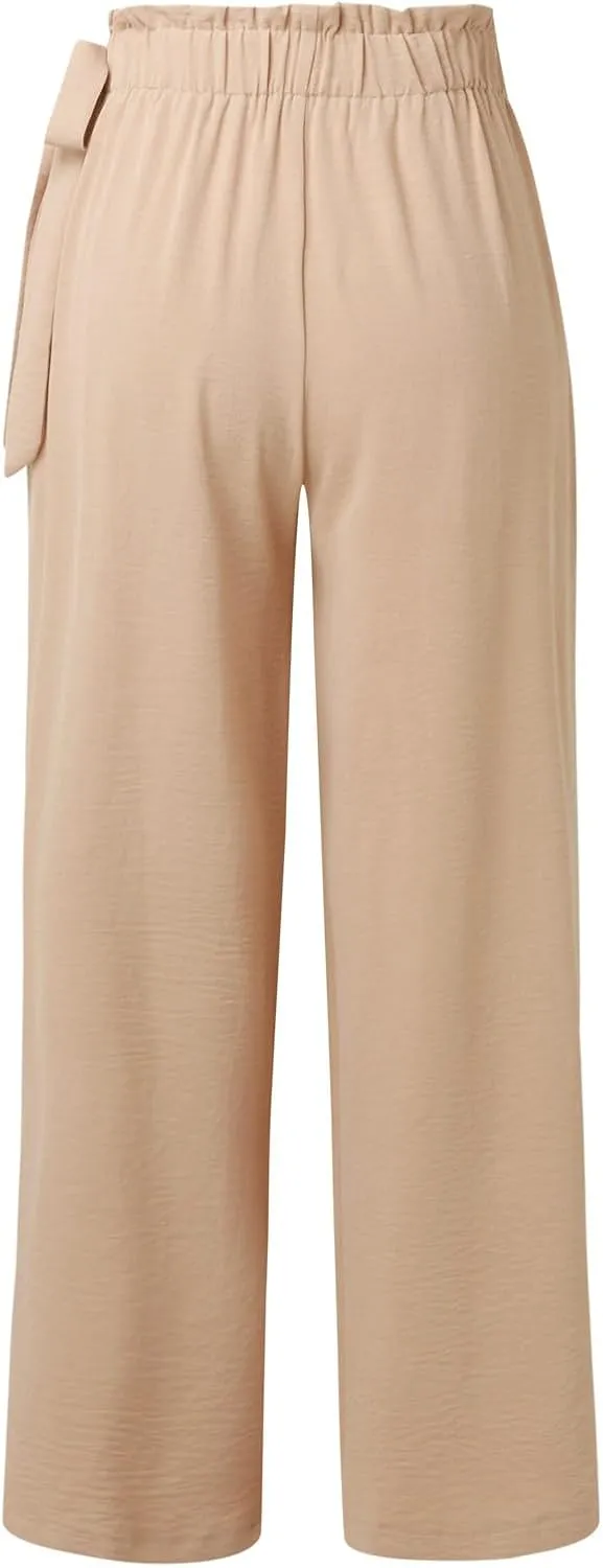 fanmpghleoo Wide Leg Linen Pants Women Bow Elastic High Waisted Palazzo Pants Wrinkle Casual Beach Pants with Pockets Summer