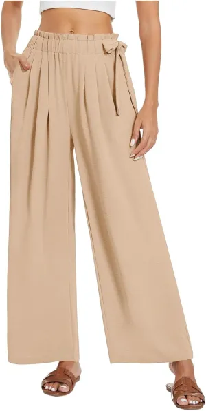 fanmpghleoo Wide Leg Linen Pants Women Bow Elastic High Waisted Palazzo Pants Wrinkle Casual Beach Pants with Pockets Summer