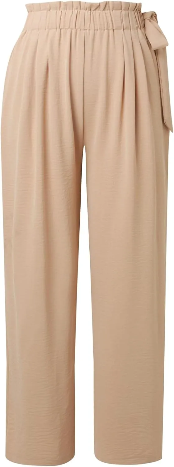 fanmpghleoo Wide Leg Linen Pants Women Bow Elastic High Waisted Palazzo Pants Wrinkle Casual Beach Pants with Pockets Summer