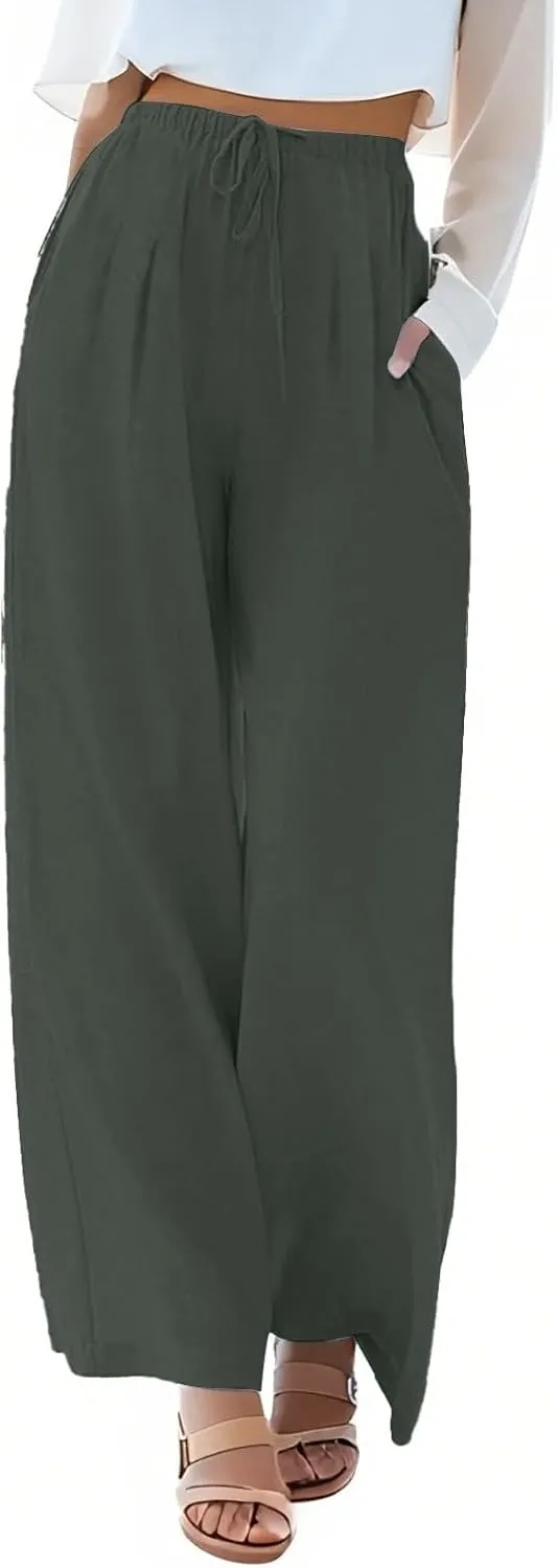 fanmpghleoo Wide Leg Palazzo Pants for Women Casual Drawstring Linen Pants Summer High Waisted Linen Trousers with Pockets
