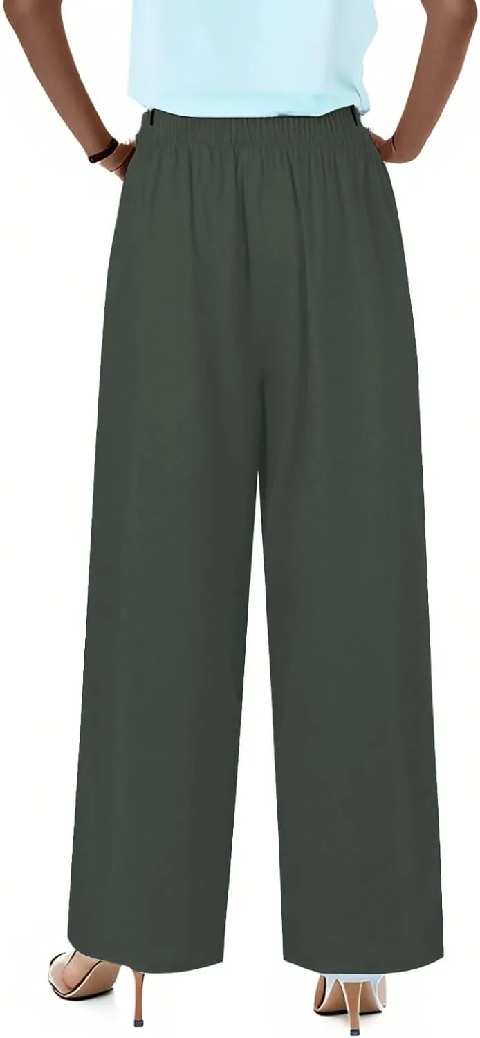 fanmpghleoo Wide Leg Palazzo Pants for Women Casual Drawstring Linen Pants Summer High Waisted Linen Trousers with Pockets