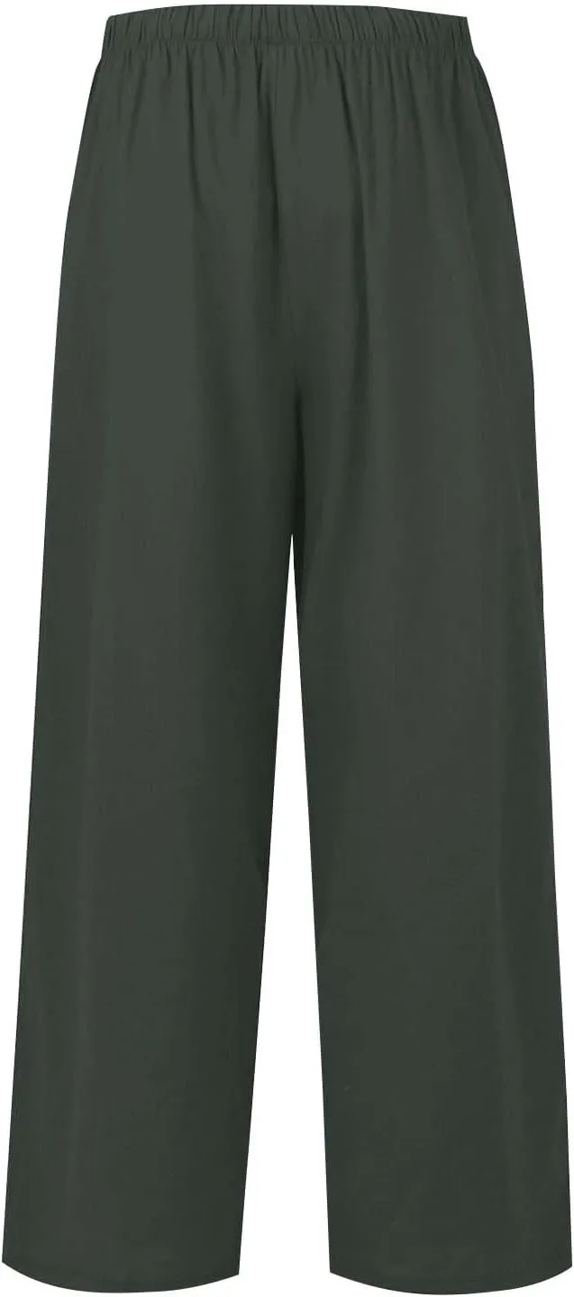fanmpghleoo Wide Leg Palazzo Pants for Women Casual Drawstring Linen Pants Summer High Waisted Linen Trousers with Pockets