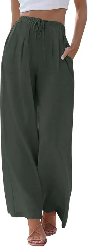 fanmpghleoo Wide Leg Palazzo Pants for Women Casual Drawstring Linen Pants Summer High Waisted Linen Trousers with Pockets