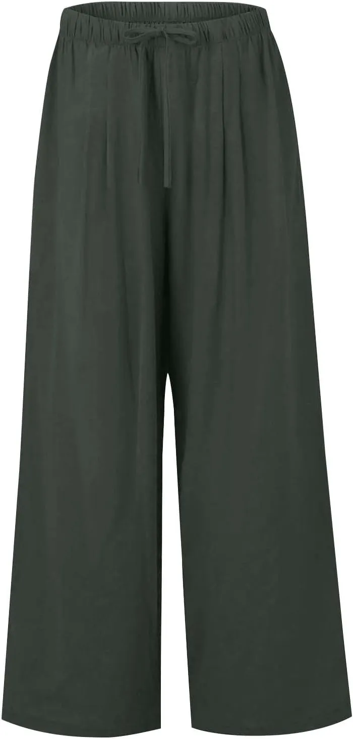 fanmpghleoo Wide Leg Palazzo Pants for Women Casual Drawstring Linen Pants Summer High Waisted Linen Trousers with Pockets