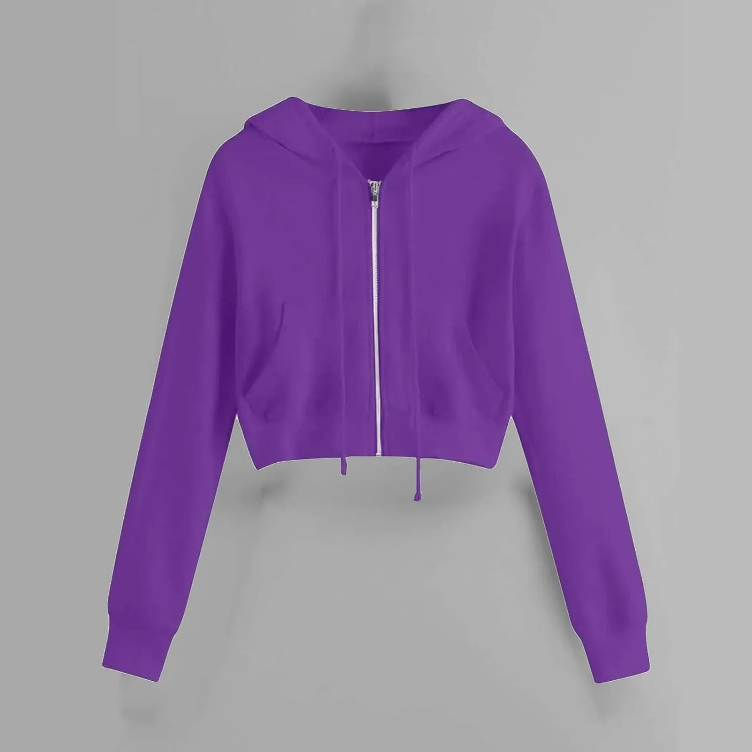 Fashion Crop Hoodie for Women Solid Color Full Zip Up Drawstring Hooded Long Sleeve Jackets Autumn Sports Sweatshirts