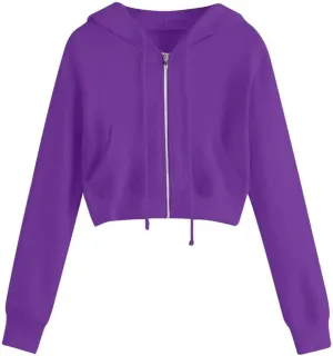 Fashion Crop Hoodie for Women Solid Color Full Zip Up Drawstring Hooded Long Sleeve Jackets Autumn Sports Sweatshirts